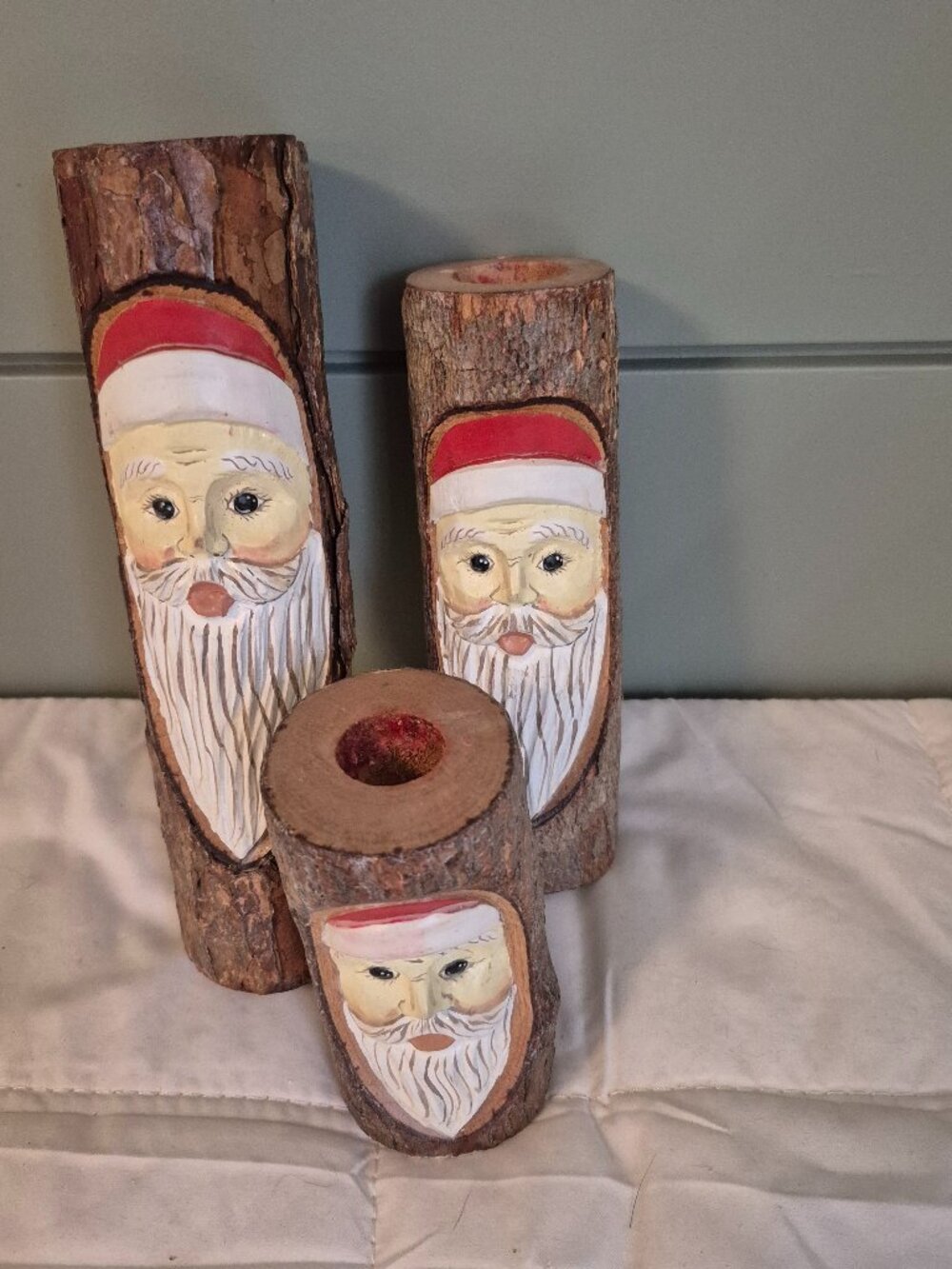 Rustic Set of 3 Wood Santa Claus Candle Holdesr Hand Carved Christmas Vtg Wooden